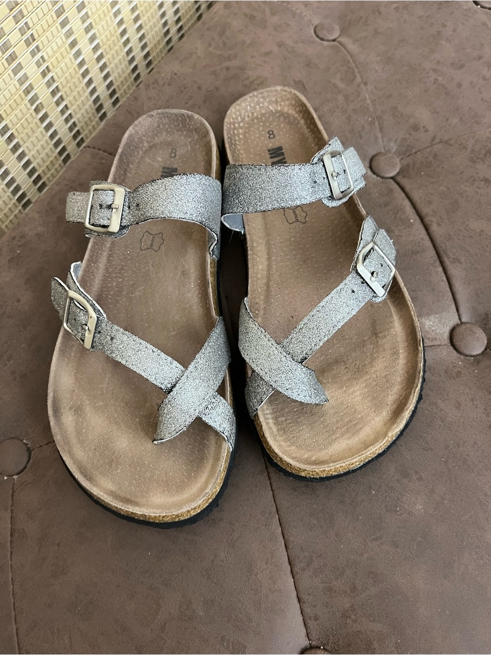 Women’s Silver Glitter Buckle Footbed Sandals